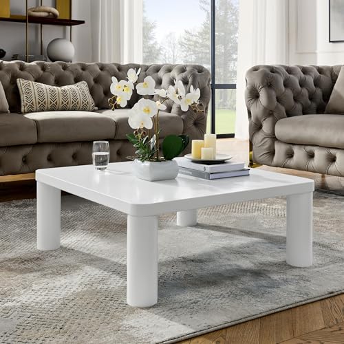 33.5 Inch Square Coffee Tables with Sturdy Cylindrical Legs, Easy Assembly & Cleaning, Modern Center Table for Apartment, Home Office, Living Room, White