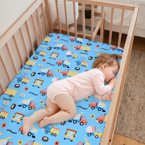 Image of JISEN Baby Fitted Crib Sheets for Boys Girls 52x28 Inch Blue Trucks