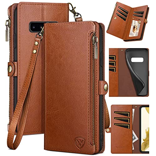 Xcasebar For Samsung Galaxy S10+/S10 Plus Wallet Case With Zipper Credit Card Holder【Rfid Blocking】, Flip Folio Book Pu Leather Phone Case Shockproof Cover Women Men For Samsung S10+ Case Light Brown #TOP21