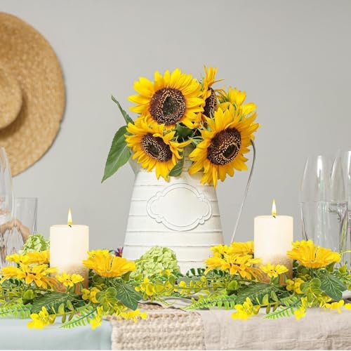 Image of 6Pcs Sunflower Wreath for Front Door Artificial Sunflower Spring Summer Table Centerpieces Wreath Fake Yellow Floral Candle Rings Wreaths for Pillars Cabinets Wedding Table Home Decor