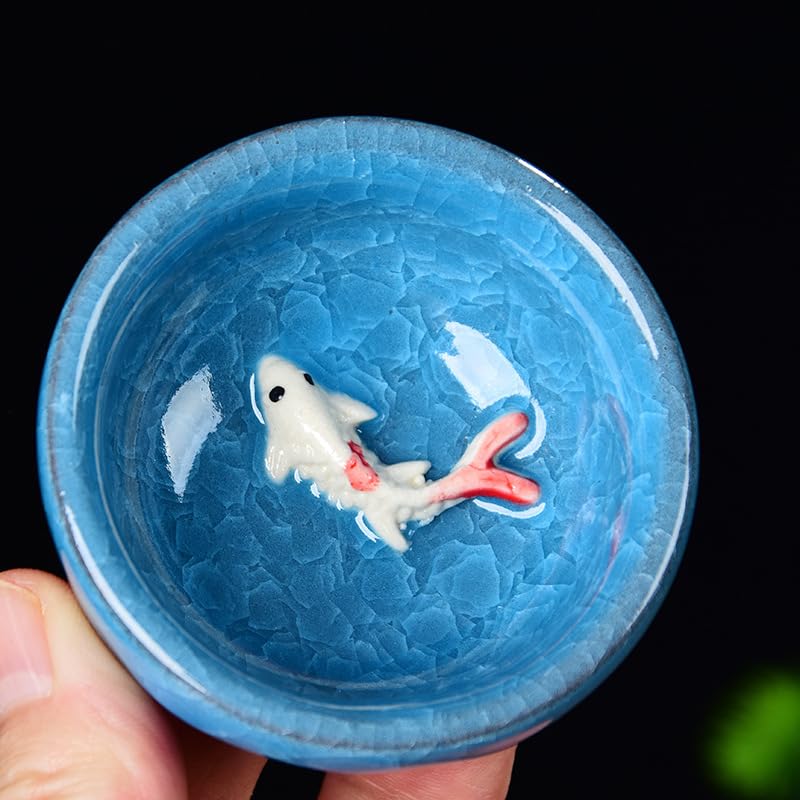 ZPGXLRZ 6-Piece Handcrafted Crackle Glaze Tea Cups Set - Unique Koi Fish Design Ceramic Cups for Chinese Kung Fu Tea Ceremony & Zen Home Decor (Collectors/Tea Lovers)