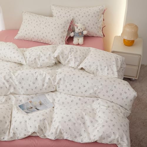 Image of Vintage Floral Comforter Full Size Comforter Set, Aesthetic Botanical Flowers Pattern Lightweight Comforter Set for All Seasons, Farmhouse Cottagecore Bedding Comforter with 2 Bowknot Pillowcases
