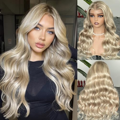 Image of Balayage Highlight Ash Blonde Lace Front Wigs Human Hair 250% Density Body Wave Ombre Human Hair 13x6 Skinliked UHD Transparent Lace Wigs Handmade Balayage Jewish Wig 26 Inch