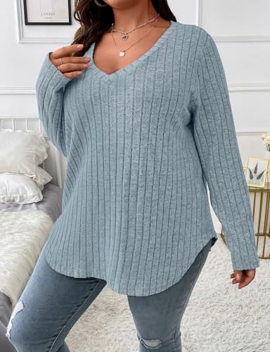 Image of Koscacy Women Plus Size Casual Knit Sweater V Neck Solid Color Tops Lightweight Long Sleeve Blouses