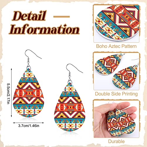 24 Pairs Western Cowgirl Faux Leather Earrings Set Boho Aztec Pattern Earrings Handmade Teardrop Dangle for Women2