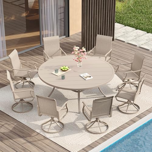 Image of VICLLAX 60 inch Outdoor Round Patio Table for Lawn Garden, All Weather Metal Round Patio Dining Table with Adjustable Umbrella Hole, Outdoor Table for 8-10 Person, Cream Color Tabletop