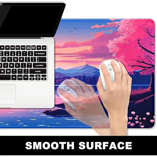 Image of Printed Gaming Mousepad - Premium Stitched Edges, Smooth Surface,Size 11x23 inches, Non-Slip Rubber Base - Ideal for Office & Gaming Setup (Anime Tranquil Sakura Lake)