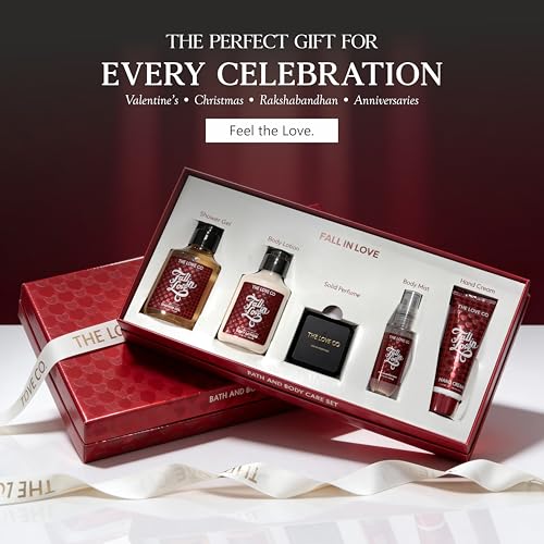 Image of THE LOVE CO. Fall in Love Gift Set for Women | Body Wash, Body Lotion, Body Mist, Hand Cream & Solid Perfume | Luxury Bath & Body Pampering Kit | Birthday, Anniversary & Special Occasion Gift | Premium Vegan Packaging Pack of 5
