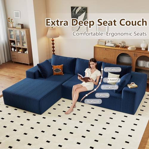 Image of 96 inch Modular Sectional Couch, Boneless L Shaped Cloud Sofa with Chaise Lounge, Corduroy Upholstered Couches Memory Foam Deep Seat, No Assembly Required, Ideal for Living Room(Blue, Left Facing)