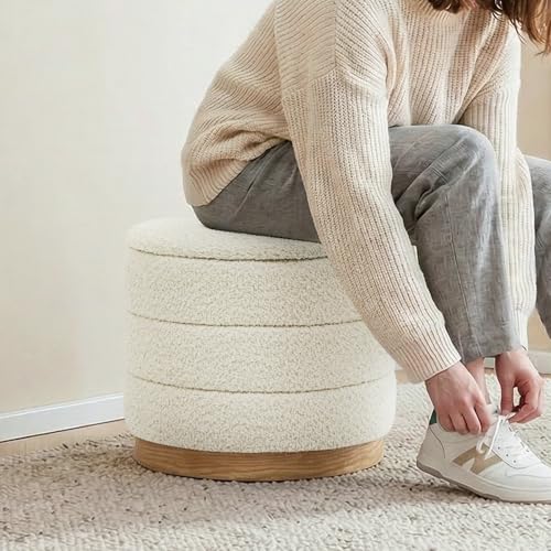 Image of Round Storage Ottoman with Tray, Chenille Folding Foot Rest Coffee tabele for Living Room Bedroom Dorm,Wood Grain Leather