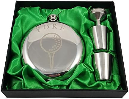 Palm City Products Golf Flask Gift Set - 10 oz Round Flask Engraved with Fore - Great Gift for Golfers