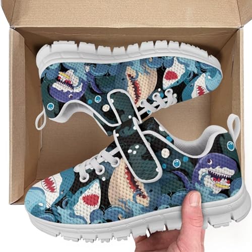 Kids Sneakers Running Tennis Athletic Shoes for Boys&Girls (Little Kid/Big Kid) Cartoon Shark Pattern White Sole2