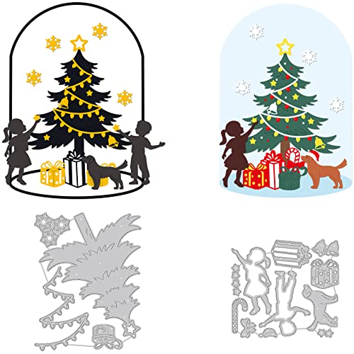 GLOBLELAND 2Pcs Christmas Tree Cutting Dies Metal Xmas Gift Box Snowflake People Die Cuts Embossing Stencils for Paper Card Making Decoration DIY Scrapbooking Album Craft Decor
