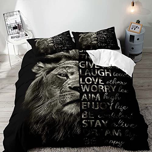 Luvivihome 3Pcs Lion Duvet Cover Queen Bedding Sets, Africa Wildlife Animal Black Comforter Bedspread Quilt Cover, Motivational Inspirational Gifts For Men Teen Boys Husband Boyfriend, 2 Pillow Shams #TOP3