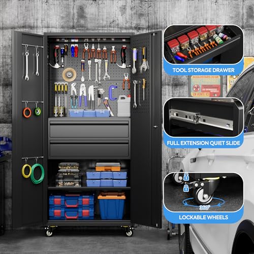 Image of Aobabo Metal Garage Cabinet on Wheels, 71 inch Lockable Cabinet with 2 Drawers