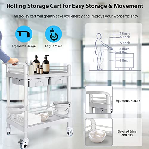 Medical Carts With Wheels 2-Shelf 330 Lbs Max Load Rolling Storage Cart With Drawers Beauty Salon Utility Cart Medical Cart With 2 Dirt Buckets Mobile Ultrasound Cart For Hospital Dental Clinic #TOP2