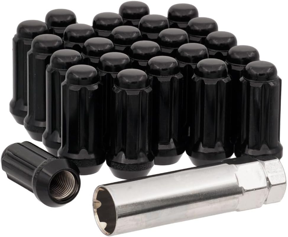 14x1.5 Bulge Acorn Spline Lug Nuts 1.9" Length - 6 Lug Kit with Key, Black, Cold Forged & Triple Plated for Maximum Strength & Corrosion Resistance, Complete Install Set for Trucks