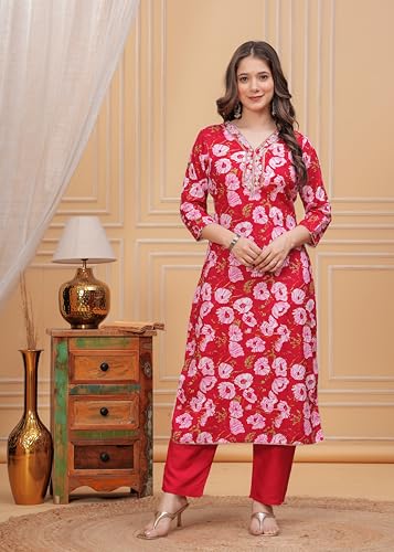 Image of MANHAREE | Women's Rayon Printed Straight Kurta with Pant & Dupatta Set