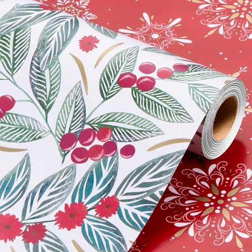 Wikadlik Green Christmas Wrapping Paper Roll, 43cm x 10m Floral Berry Leaves Design Gift Wrap Paper for Party Shower Decoration