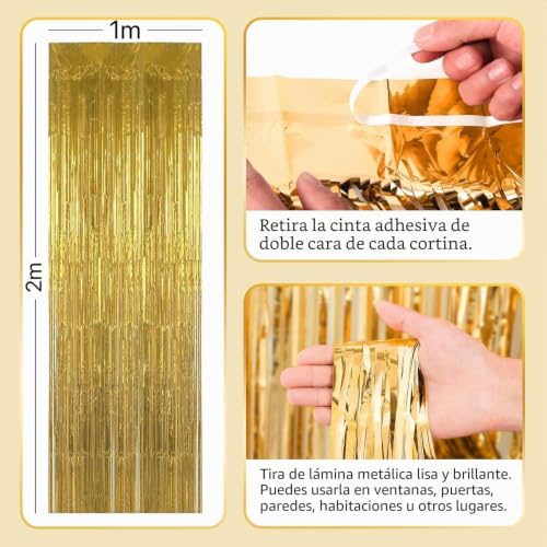 Miniatura 2 de 6 Piezas Cortinas Con Flecos Papel De Aluminio, Cortinas De Espumillón, Reflejos Brillantes Cortinas Decorativas, Para Decoraciones Boda Fiesta De Cumpleaños Navidad 1 X 2 M Oro