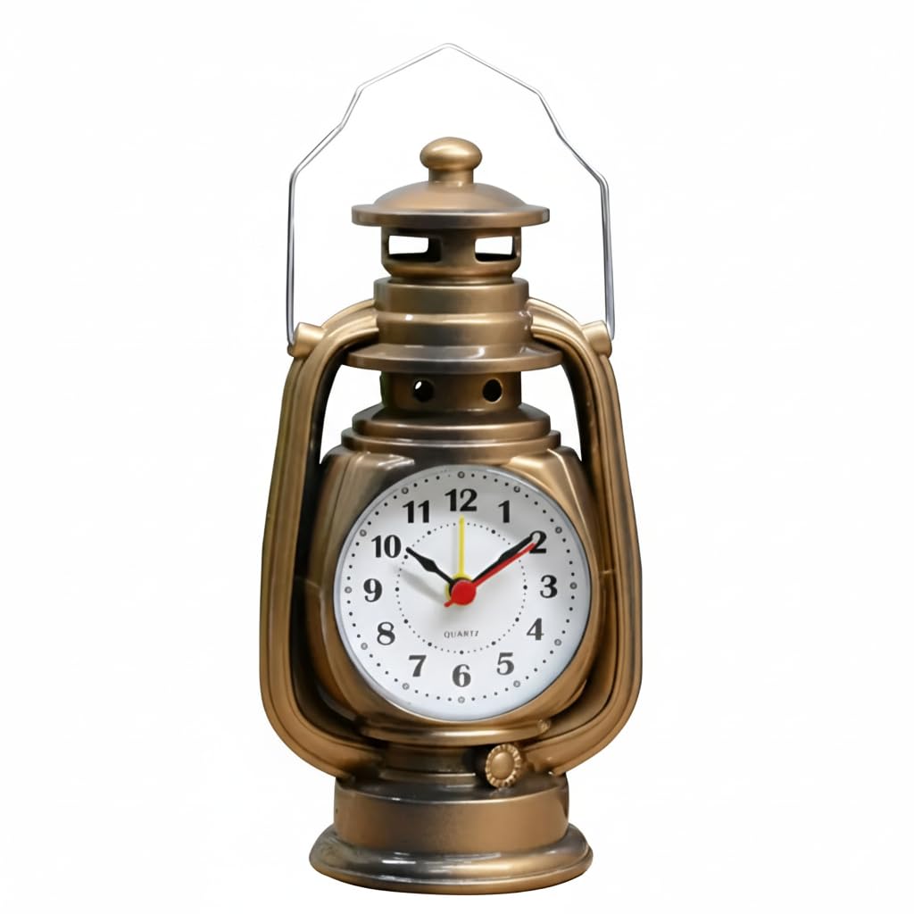 Kerosene Lamp Alarm Clock, Yellow Brass Bedside & Desk Clock Battery Operated Lantern Design Table Clock Decorative Timepiece for Bedroom, Living Room & Office – Rustic Home Décor & Gift for Men