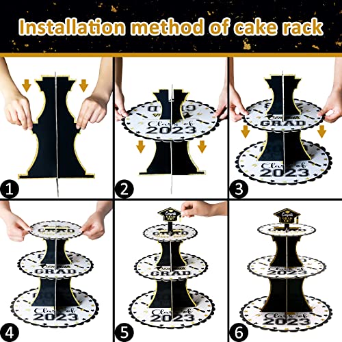2-Set Class Of 2023 Black Gold 3-Tiered Graduation Round Cardboard Cupcake Stands 24 Cake Inserts And 24 Cake Borders For Grad Themed Party Decor Graduation Dessert Favors Supplies (Black Gold) #TOP2