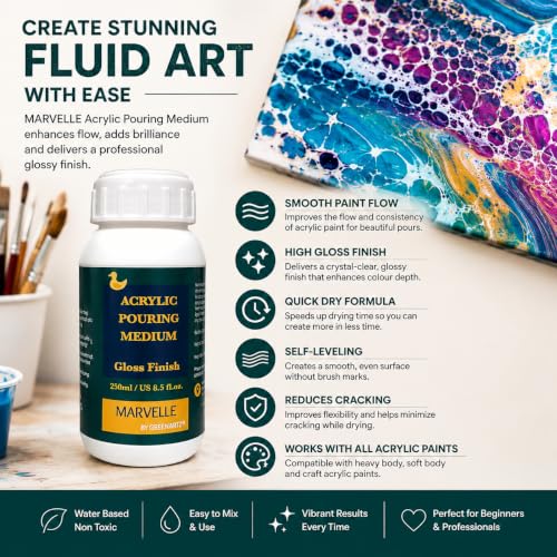 Image of GREENARTZ MARVELLE Acrylic Pouring Medium 500ml | Gloss Finish Flow Additive for Acrylic Paint | Quick Dry Fluid Art Medium | Professional Pour Painting & Fluid Art