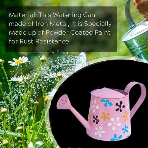 Image of S H Collection Watering Can 2.5 Litre Indoor Outdoor Home Gardening, Plants Watering can Metal Polka planters Round Metal for Plants & Flowers Decorative Garden Water Can with Handle (Pink Chitai)