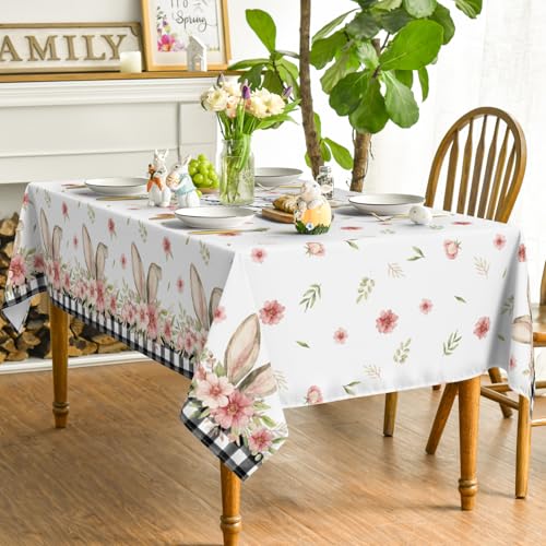 Horaldaily Easter Tablecloth 60x140 Inch, Spring Flower Buffalo Plaid Bunny Ear Table Cover for Party Picnic Dinner Decor by Horaldaily - Image 4