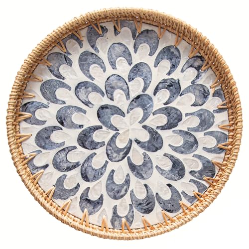 14 inch Round Rattan Tray Home Decor, Wicker Serving Tray with Mother of Pearl Inlay, Boho Decorative Tray for Coffee Table, Ottoman, Kitchen Table, Bathroom (Coastal Blue)