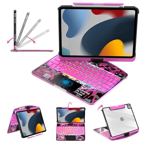 Image of Clear Keyboard Case for iPad 10.2 inch 9th /8th /7th (2021 /2020 /2019) 360 Swivel Multi-Touch Trackpad,with Wireless Bluetooth 3-Brightness &7-Color Backlit, Pencil Holder Pink