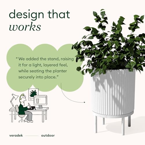 Image of Veradek Demi Series Raised Planter - Round Planter with Stand | Made From a Durable Plastic-Stone Composite & Comes With Wooden Stand. Modern Porch /Patio Decor