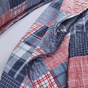 Cotton Bedding Quilt Sets Reversible All Season Real Patchwork Coverlet Sets All Season Blue Bedspread Houndstooth Plaid Pattern Queen Size