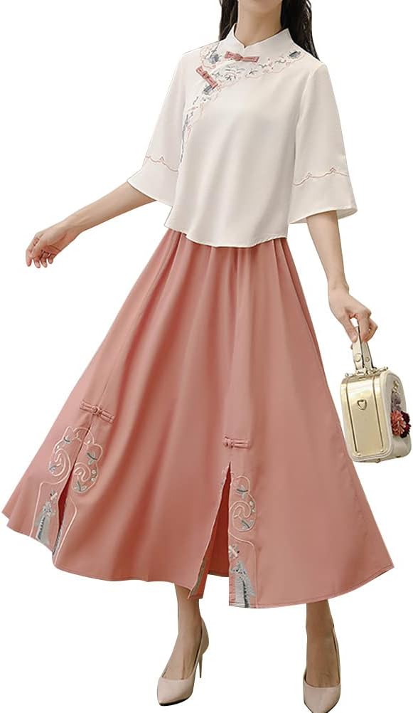 Chinese Tang Suit Women's Traditional Qipao Cheongsam Embroidered Two Piece Outfit Mandarin Top Tea Length Skirt Dress