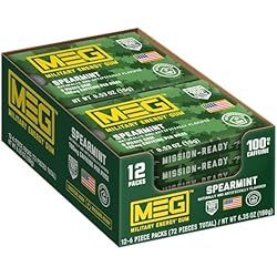 MEG (Military Energy Gum) - Spearmint | Energy Caffeine Gum | 100mg Caffeine Per Piece |Fast-Acting Performance Boost - 12 Packs