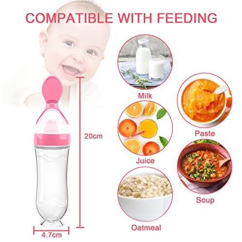 Food Feeder Baby Fruit Feeder Pacifier (3 Pcs) With 6 Different Sized Silicone Pacifiers 2 Pcs Silicone Baby Food Dispensing Spoon 90Ml With 2 Baby Spoons Pacifier Clip Infant Fruit Teething Toy-Pink #TOP1