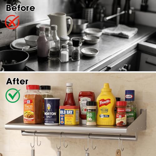 Image of Skyflame 2 Pack Stainless Steel Wall Shelf with 4 Hooks, 12 inch x 24 inch