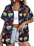 Pride Outfits for Women LGBT Shirts Ladies Rainbow Shirt Love Human Graphic Tshirt Lesbian Short Sleeve Button up Top