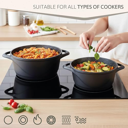 briebe Cookware Set 6 Piece, 3 Cast Aluminium Casseroles Dish Cast Aluminium, ILAG GRANITEC Non-Stick, Set of Pots and Lids Glass, Silicone Gloves, Ceramic Hob, Gas, Oven - Image 6