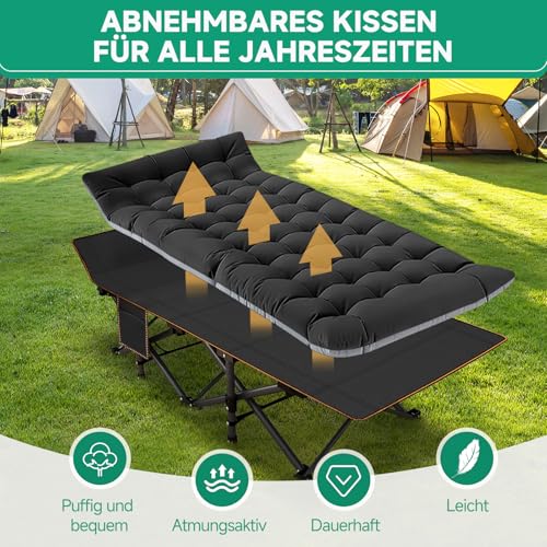 ZIKEBTUY Sonnenliege Klappbett 198x81cm Campingbett Gästebett klappbar liegestuhl 200KG Lastlager Gartenliege Mit Matratze Seitentasche und Kopfstütze Feldbett für In-Outdoor Garten Camping (Schwarz)
