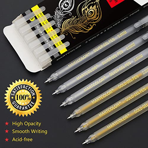 Martcolor Gold Silver Metallic Gel Pen Set, 0.8Mm Fine Point Gel Ink Pens, Archival Gel Ink Pens For Artist, Black Paper Drawing, Sketching, Writing, Illustration, Pack Of 6 #TOP1
