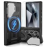 ATUMP Magnetic for Samsung Galaxy S24 Ultra Case with Camera Cover Stand[2 Pack HD Screen Protector], |Compatible with-MagSafe| Military Grade Protective Cover for Galaxy S24 Ultra, Black