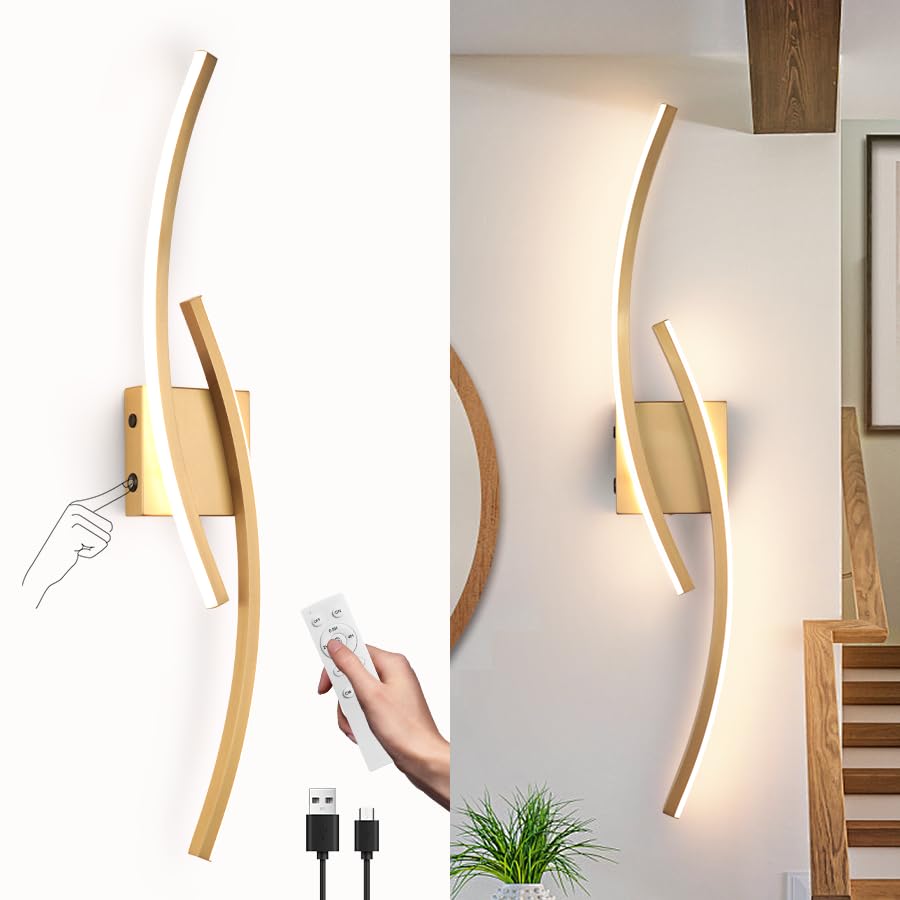 Image of Battery Operated Wall Sconce,Gold Wall Sconces with Remote Control,3000K-6000K Modern LED Wireless Wall Light for Living Room, Hallway, Bedroom, 31.89 Inch