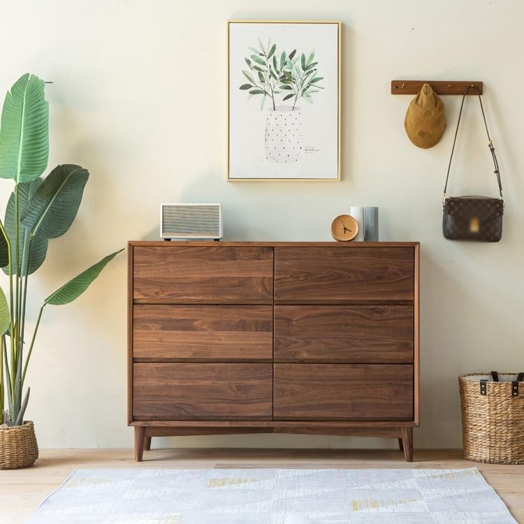 Kitchen Cabinet Solid Wood Chest of Drawers Walnut Simple Home Living Room Wall Drawer Rack Entrance Corridor Decorative Furniture Buffet Cabinet(140x35x90cm)