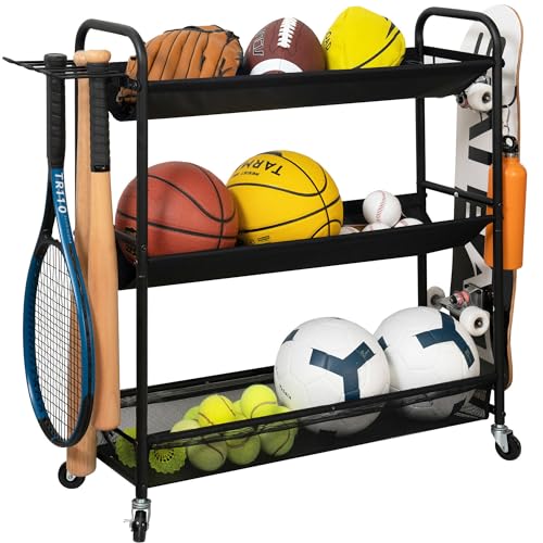 STORAGE MANIAC Basketball Rack 3-Shelf Training Stand Ball Holder Sports Ball Cart Garage Organizer Ball Basket Storage, Ball Rack for Garage or Gym, Indoor & Outdoor Sports Equipment Organi