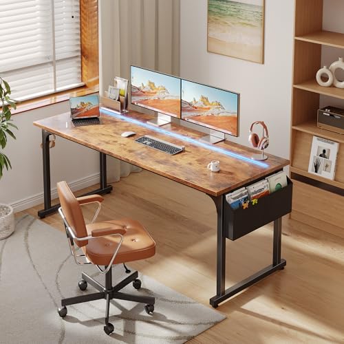 Image of DurayLoly 55 inch Office Desks with LED Lights,Gaming Writing Work from Home Study Desk with Storage Bag,Home Office Desk with Headphone Hook Sturdy Metal Frame, Rustic Brown