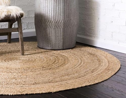 Image of Festive Textile Jute Braided Natural Rug Hand Woven & Reversible for Living Room Kitchen Entryway Rug, Jute Burlap Braided Rag Rug, Farmhouse Rag Rug, Rustic Rug Jute Carpet for Living Room