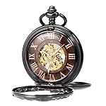 Herren Antik Drache Mechanische Skelett Taschenuhr Schwarz Bronze Doppelgehäuse mit Kette – Bild 2