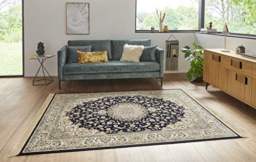 Nouristan Naveh Orient Teppich – Wohnzimmerteppich Orientalisch Kurzflor mit Fransen Vintage Orientalischer Samt-Teppich für Esszimmer, Wohnzimmer, Schlafzimmer – Dunkelblau Creme, 135x195cm