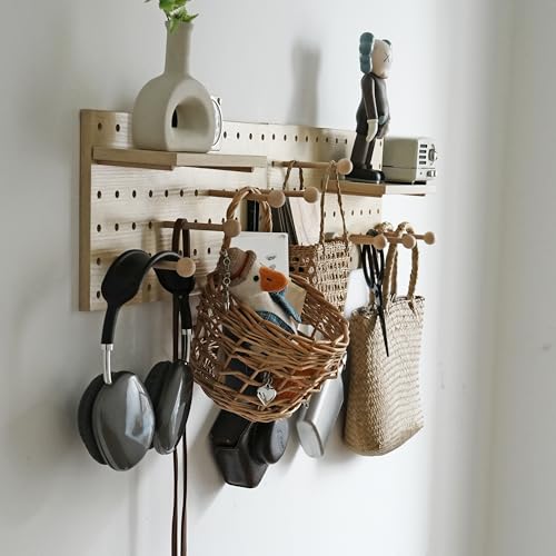 Image of Wooden Pegboard Modular Display Organization Storage Wall Hooks Shelf (Birch Colored Finish-B)